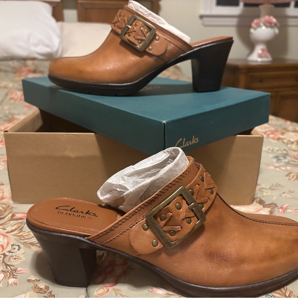 Clarks Women's Brown Leather Buckle Mules